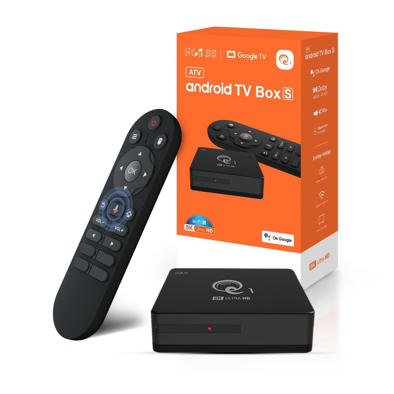 اندروید باکس 8K UHD با اندروید 16، پردازنده چهار هسته‌ای Allwinner H313، رم ۲ گیگابایت، حافظه ۱۶ گیگابایت، بلوتوث، ریموت صوتی و وای‌فای با پورت شبکه گیگابیتی