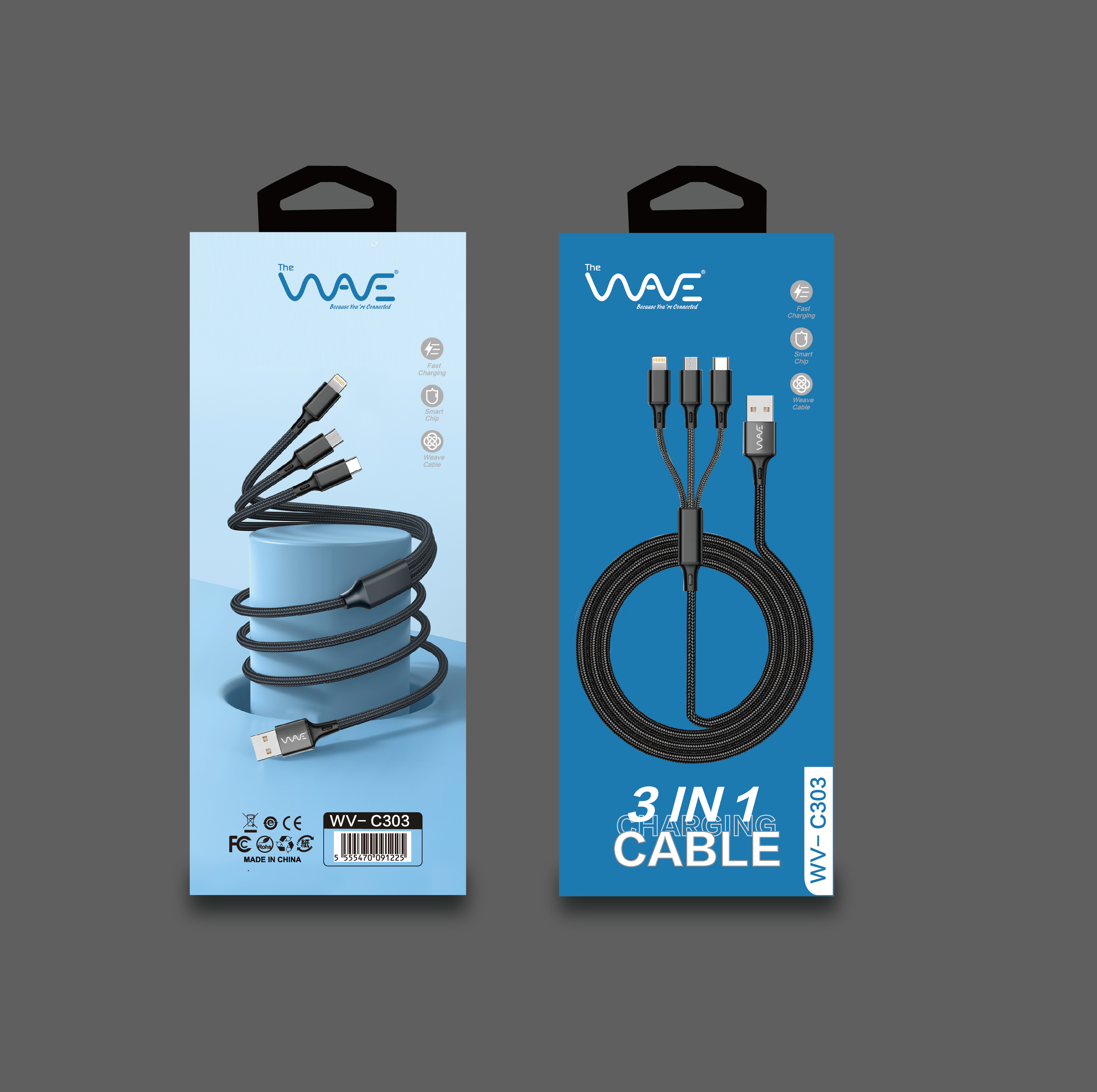 کابل ۳ در ۱ ویو مدل C303 با روکش نایلونی بافته شده